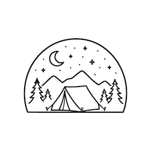 May include: Black and white line art illustration of a camping scene. A tent is centered below a mountain range, with pine trees on either side. The night sky features a crescent moon, stars, and a semi-circular border.