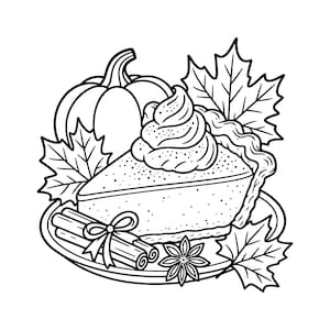 Puede incluir: Una ilustración de arte lineal en blanco y negro de una porción de pastel de calabaza con crema batida en un plato. La composición incluye una calabaza entera, tres ramas de canela atadas con un lazo, un anís estrellado y varias hojas de arce.