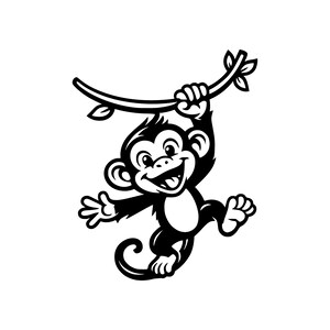 May include: A black and white cartoon illustration of a smiling monkey hanging from a tree branch. The monkey has large ears, a happy expression, and is holding onto the branch with its hands. The monkey's tail is curled.