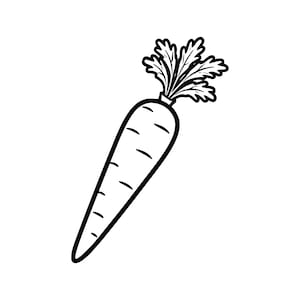 May include: A black and white illustration of a carrot. The carrot is elongated with a pointed end and has several horizontal lines along its body. The top of the carrot features a cluster of leafy green foliage.