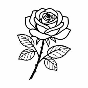 Könnte beinhalten: Eine Schwarz-Weiß-Strichzeichnung einer Rose. Die Rose blüht mit mehreren Blütenblättern. Der Stiel ist dunkel mit Dornen, und es gibt mehrere Blätter. Das Bild ist eine einfache, elegante Illustration.