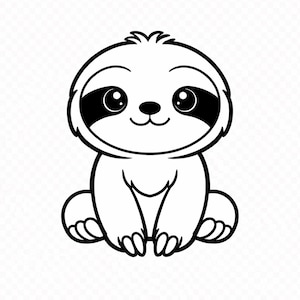 Puede incluir: Ilustración de dibujos animados en blanco y negro de un perezoso. El perezoso tiene ojos grandes y redondos con marcas negras, una nariz pequeña y una boca sonriente. El perezoso está sentado con las piernas juntas.