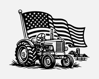 May include: A black and white graphic illustration of a farm tractor positioned in front of a large, waving American flag. The tractor features prominent wheels, a steering wheel, and a grill, with a small barn and silo visible in the background.