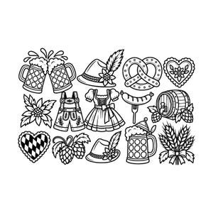 May include: A black and white line art collection featuring Oktoberfest icons including two clinking beer mugs, a feathered hat, a pretzel, a heart-shaped cookie, lederhosen, a dirndl, a sausage on a fork, a beer barrel, hops, and wheat stalks.