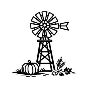 Puede incluir: Una ilustración gráfica en blanco y negro que muestra un molino de viento agrícola alto con un conjunto de aspas circular y una veleta direccional. En la base de la estructura del molino, hay una calabaza, tallos de trigo y hojas caídas.