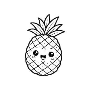Może przedstawiać: Czarno-biała ilustracja kreskówkowa uśmiechniętego ananasa. Ananas ma teksturowany korpus z wzorem kratki, duże oczy i wesołą buzię. Na górze znajdują się kolczaste liście.