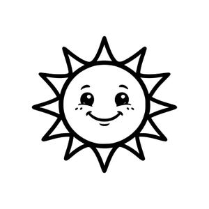 May include: A black and white cartoon sun with a smiling face. The sun has a circular center with a smiling mouth, small freckles, and large, round eyes. Pointed rays extend outward from the circle.