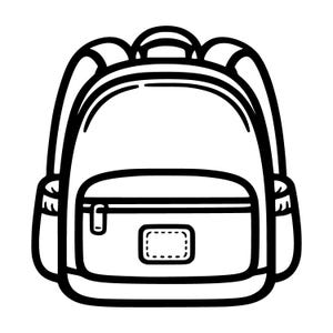 May include: A black and white line art illustration of a backpack. The backpack features a large main compartment, a smaller front zippered pocket with a rectangular patch, two side pockets, and two shoulder straps with a top handle.
