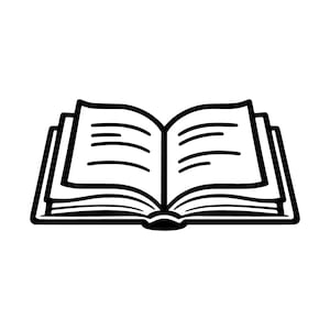 Op de afbeelding: Een zwart-wit lijntekening van een open boek. De afbeelding is voorzien van dikke, opvallende lijnen die de pagina's en de rug van het boek weergeven. De pagina's bevatten eenvoudige horizontale lijnen die tekst vertegenwoordigen.