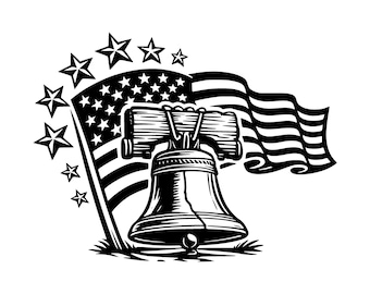 May include: A black and white graphic illustration featuring the Liberty Bell centered in front of a waving American flag. An arc of seven five-pointed stars of varying sizes is positioned to the left of the flag and the bell.