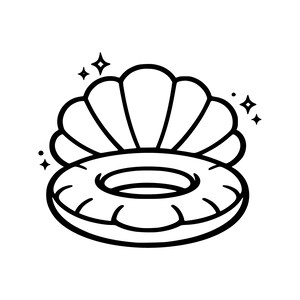 Puede incluir: Ilustración en blanco y negro de una concha con una boya. La concha está abierta y la boya está dentro. Estrellas brillantes rodean la concha y la boya.