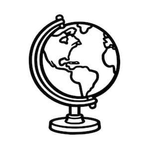 May include: A black and white line art illustration of a desktop globe. The globe features a simplified map of the Americas and is mounted on a circular base with a curved meridian ring that encircles the sphere, showing a clear outline design.