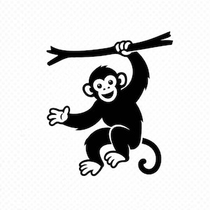 Può includere: Illustrazione in bianco e nero di una scimmia appesa a un ramo d'albero. La scimmia, con un'espressione allegra, si aggrappa al ramo con le mani. La coda della scimmia è arricciata.