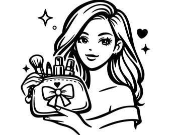 Schönheit Mädchen mit Make-up Tasche SVG PNG Schnittdatei, Cricut Design Digital