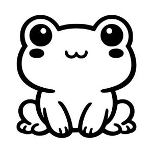 Puede incluir: Una ilustración de arte lineal en blanco y negro de una rana con ojos grandes y redondos, mejillas ovaladas pequeñas y una boca curva simple. La rana se muestra en posición sentada con las patas delanteras hacia adelante y las traseras.