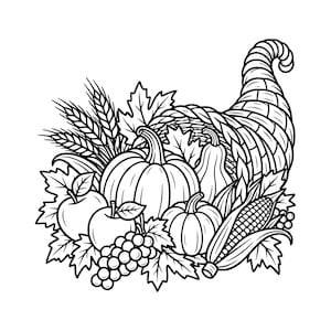 May include: A black and white line art illustration of a cornucopia overflowing with harvest bounty. The arrangement includes pumpkins, gourds, apples, grapes, ears of corn, wheat stalks, and maple leaves, all rendered in a clean, bold outline style.