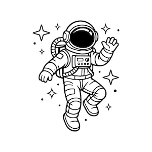 May include: Black and white illustration of an astronaut floating in space. The astronaut is wearing a spacesuit with a helmet, gloves, and boots. The background features stars and small dots. The astronaut is waving.