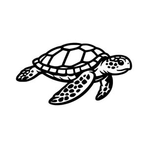 May include: A black and white graphic illustration of a sea turtle in a swimming position. The design features bold outlines and distinct patterns on the shell and flippers, showcasing a high-contrast, clean aesthetic suitable for various applications.