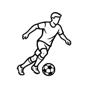 Può includere: Illustrazione in bianco e nero di un calciatore che calcia un pallone. Il giocatore indossa una maglia, pantaloncini e scarpe da calcio. Il pallone è bianco e nero con pannelli pentagonali ed esagonali.