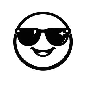 May include: A black and white graphic of a smiling face wearing sunglasses. The sunglasses have a reflective shine. The face has a simple, bold outline, with a curved smile and a circular shape.