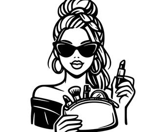 Schönheit Mädchen mit Make-up Tasche SVG PNG Schnittdatei, Cricut Design Digital