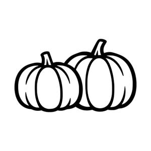Peut inclure: Une illustration en noir et blanc au trait représentant deux citrouilles de tailles différentes côte à côte. Chaque citrouille présente une forme arrondie avec des segments verticaux et une petite tige sur le dessus, dessinée avec des contours nets.
