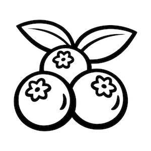 May include: A black and white line art illustration of three blueberries clustered together with two leaves extending from the top. Each berry features a small, star-shaped calyx detail on its surface, rendered with bold, clean outlines.