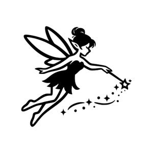 May include: A black and white illustration of a fairy in flight. The fairy is depicted with large wings, a flowing dress, and a wand, with stars trailing behind. The fairy is reaching out with her wand, creating a magical effect.