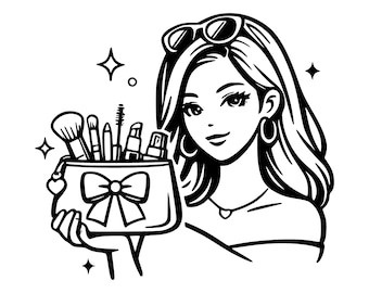 Schönheit Mädchen mit Make-up Tasche SVG PNG Schnittdatei, Cricut Design Digital