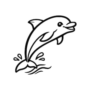 Op de afbeelding: Zwart-wit cartoon illustratie van een dolfijn die uit het water springt. De dolfijn heeft een lachende uitdrukking en is omringd door gestileerde waterspatten.