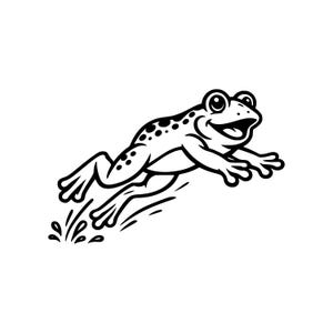 May include: A black and white illustration of a cartoon frog in mid-jump. The frog has a smiling expression, with spots on its back and water splashing below. The image is on a white background.