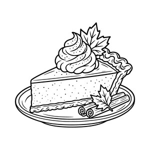 Puede incluir: Una ilustración de arte lineal en blanco y negro de una porción de tarta de calabaza en un plato. La tarta está cubierta con un gran remolino de nata montada y una hoja de arce. Dos ramas de canela y otra hoja de arce descansan en el plato junto a la tarta.