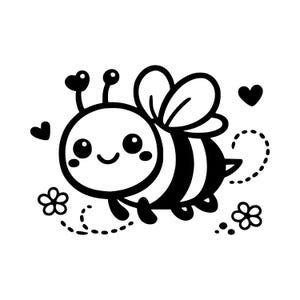 May include: Black and white cartoon illustration of a bee with a smiling face, wings, and striped body. The bee is surrounded by hearts, flowers, and dotted lines, creating a whimsical design.