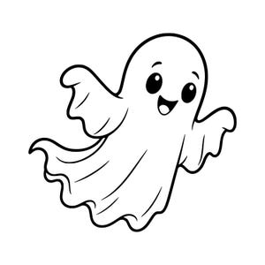 May include: A black and white line art illustration of a friendly ghost character. The ghost has a rounded head, large oval eyes, a wide smiling mouth, and two outstretched arms with wavy, flowing edges at the bottom of its body.