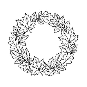 May include: A circular wreath illustration composed of black line art outlines of various autumn leaves, including maple leaves and oak leaves, arranged in a continuous ring pattern against a plain white background.