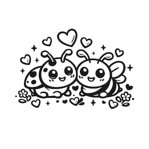 Puede incluir: Ilustración en blanco y negro de una mariquita y una abeja, ambas con caras sonrientes y ojos grandes. La mariquita tiene manchas en la espalda y la abeja tiene rayas. Corazones, estrellas y flores rodean la pareja, creando un diseño lindo y caprichoso.
