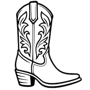 Op de afbeelding: Een zwart-wit illustratie van een cowboylaars. De laars heeft een puntige neus, een gestapelde hak en decoratieve bloemenkrullen op de schacht. Het ontwerp is omlijnd met dikke zwarte lijnen.