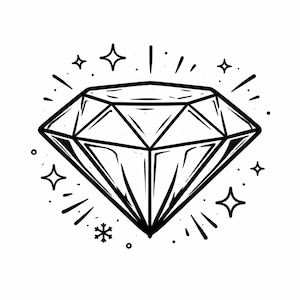 Op de afbeelding: Zwart-wit illustratie van een diamant met stralende lijnen en sterren. De diamant is afgebeeld met meerdere facetten, wat schittering suggereert. Het ontwerp is eenvoudig en elegant.