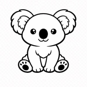 May include: A black and white cartoon illustration of a koala bear. The koala is sitting upright with large, round ears, a black nose, and small, round eyes. The koala's paws are visible, and it has a smiling expression.