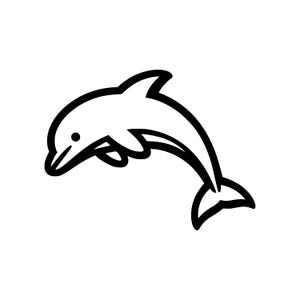 May include: A black and white line drawing of a dolphin leaping. The dolphin is depicted with a curved body, a dorsal fin, and a tail fin. The image is simple and graphic.