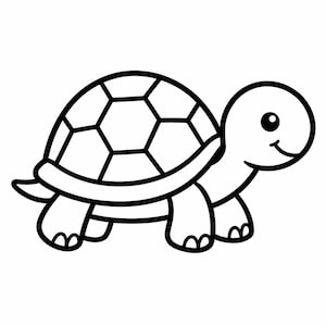 Könnte beinhalten: Schwarz-weiße Cartoon-Illustration einer Schildkröte. Die Schildkröte hat einen segmentierten Panzer, ein lächelndes Gesicht und vier kurze Beine. Das Bild ist ein einfaches, klares Design, das sich zum Ausmalen oder für Kinderprojekte eignet.