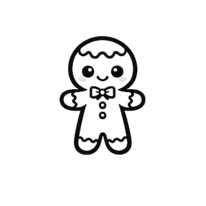 Può includere: Un omino di pan di zenzero a fumetti in bianco e nero con un papillon, bottoni e una faccia sorridente. L'omino di pan di zenzero ha un design a capelli ondulati ed è delineato in nero. L'immagine è su sfondo bianco.