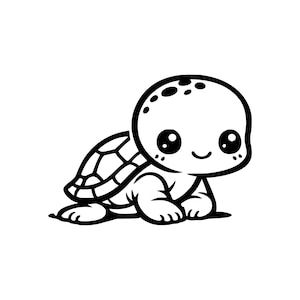 以下が含まれることがあります： 白黒の漫画イラストの亀。 亀は、斑点のある大きな頭、大きな目、笑顔の口をしています。 その甲羅は幾何学模様で詳細に描かれており、腹ばいになっています。