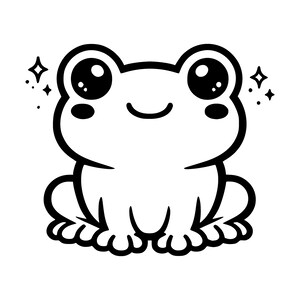 May include: A black and white line art illustration of a frog with large, round, dark eyes and a small smile. The frog is depicted in a seated position with four-toed feet, surrounded by small, four-pointed star shapes on both sides.