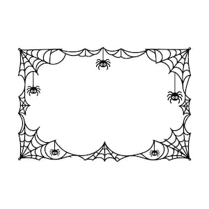 May include: A rectangular frame design featuring black spiderwebs in each corner and along the edges. Five small, cartoon-style spiders with round bodies and large eyes are suspended from the webs at the top, sides, and bottom of the frame.