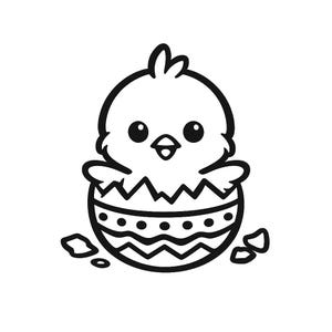 以下が含まれることがあります： イースターエッグから孵化するヒヨコの白黒漫画イラスト。ヒヨコは大きな目と小さなクチバシをしています。卵はジグザグ模様と点で装飾されています。