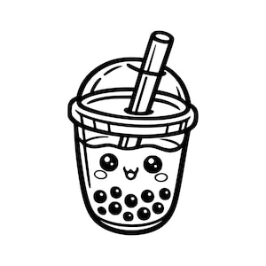 May include: A black and white line art illustration of a bubble tea cup with a domed lid and a straw. The cup features a cute, smiling face with large circular eyes and small rosy cheeks, and several dark circles representing tapioca pearls inside.