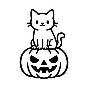 May include: A black and white line art illustration featuring a small, smiling cat sitting on top of a carved jack-o'-lantern pumpkin. The pumpkin has a jagged, menacing face with triangular eyes and a wide, toothy grin, contrasting with the cat.