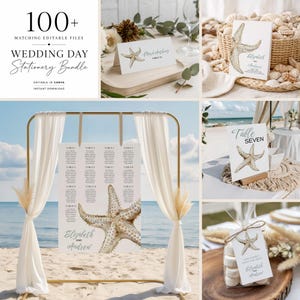 May include: A wedding stationery bundle featuring a starfish theme. The collection includes a seating chart, table numbers, place cards, and favor tags, all decorated with a detailed starfish illustration and elegant script text on white cardstock.
