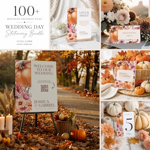 Pacchetto di articoli di cancelleria per matrimoni autunnali, cartelli per matrimoni autunnali, menu, programma e modelli per la disposizione dei posti a sedere, modificabili su Canva.